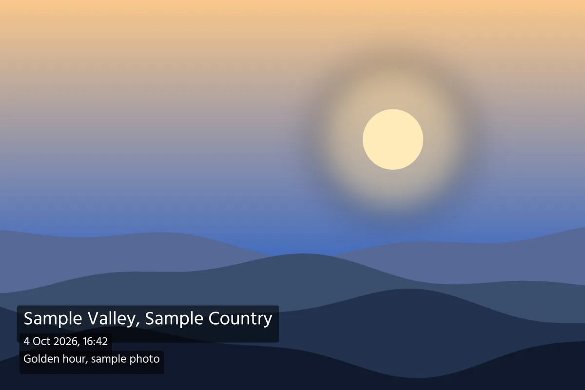 An illustrated sunset over hills with a place name, date and note stamped at the bottom left