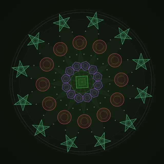 A symmetrical mandala of circles, polygons and stars on a dark green ground
