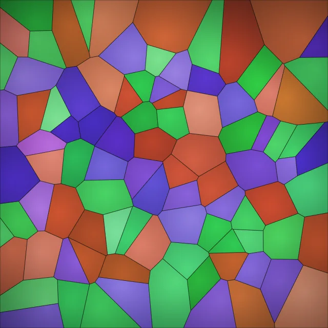 A mosaic of irregular coloured cells in green, orange and violet